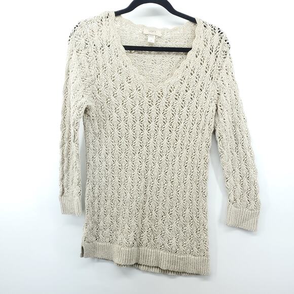 Ann Taylor LOFT Cream Knit Crotchet Sweater Pullover Medium 3/4 Sleeve - Picture 1 of 10